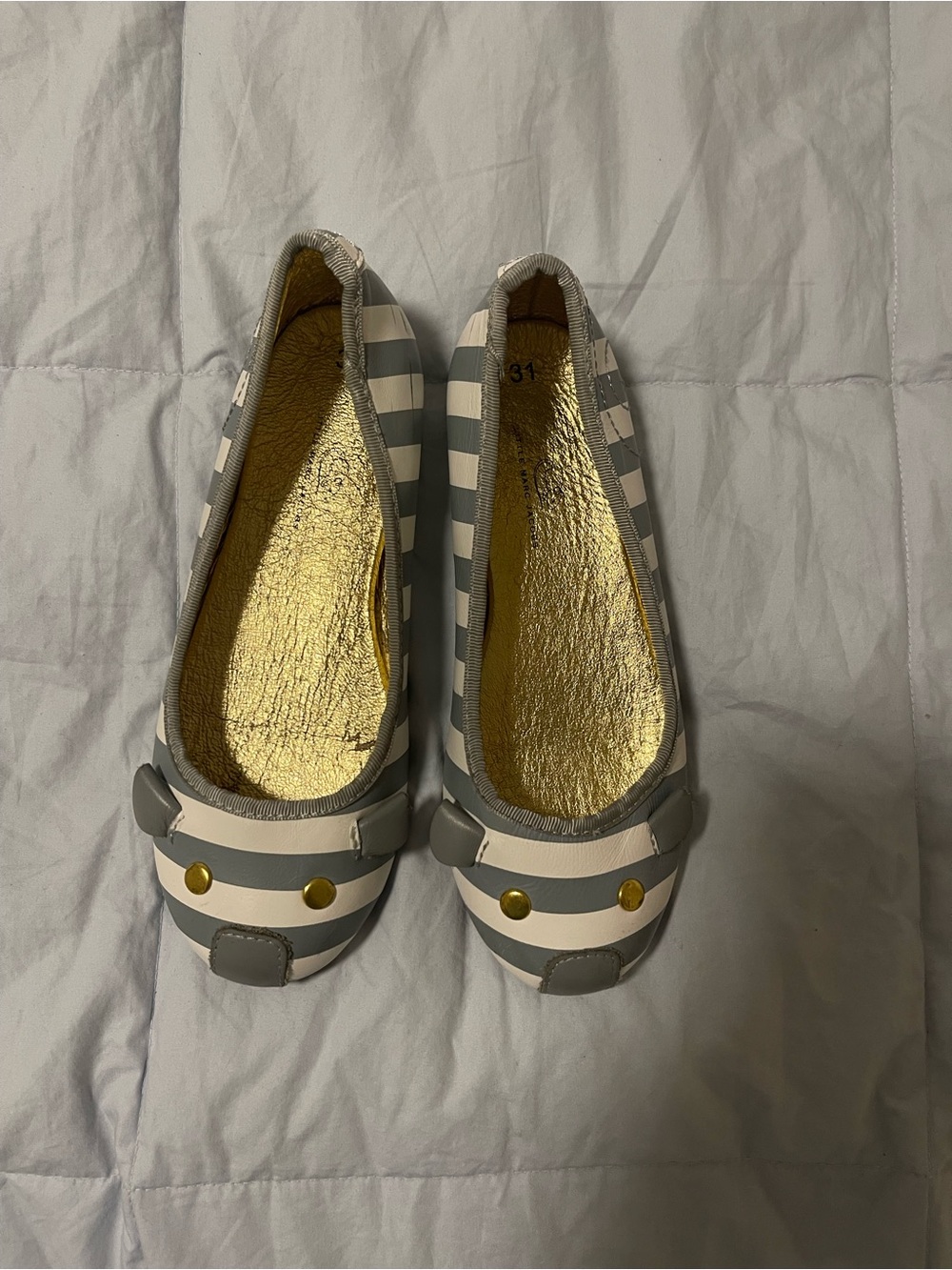 Marc Jacobs Gray & White Striped Ballet Flats with Gold Studs